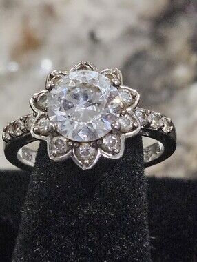 Sterling Silver Floral Halo Engagement Ring Size 7